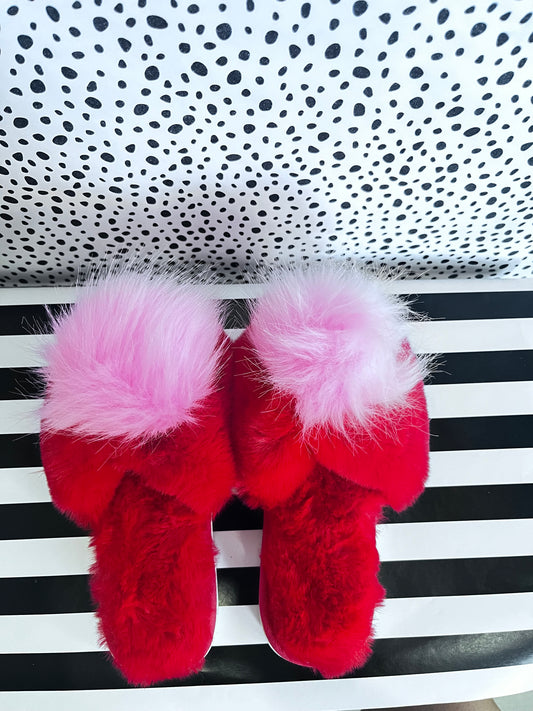 RED/PINK FUR POM SLIPPERS